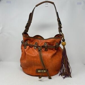 Vtg Y2K Womens Bucket Shoulder Bag Orange Woven Faux Leather 90s Preppy Heritage